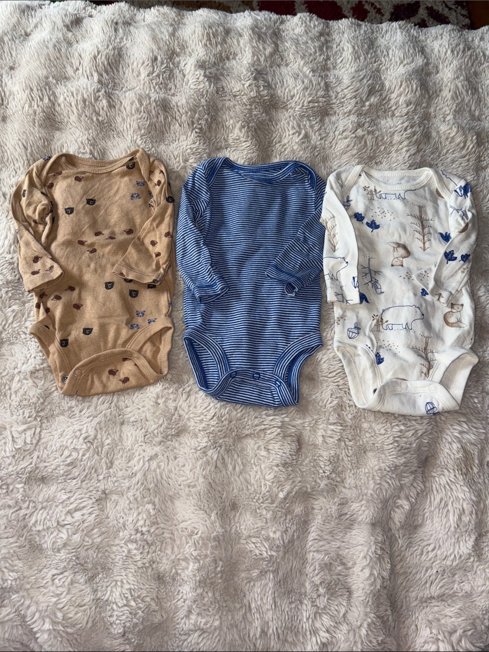 Carter's Long-Sleeve One-Piece Bodysuits in Tan, Blue, White - 3 Pack